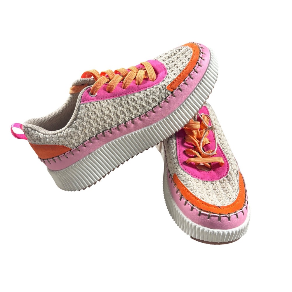 Lucky Step Womens Crochet Platform Sneakers Pink Orange Air Cooled Size 9